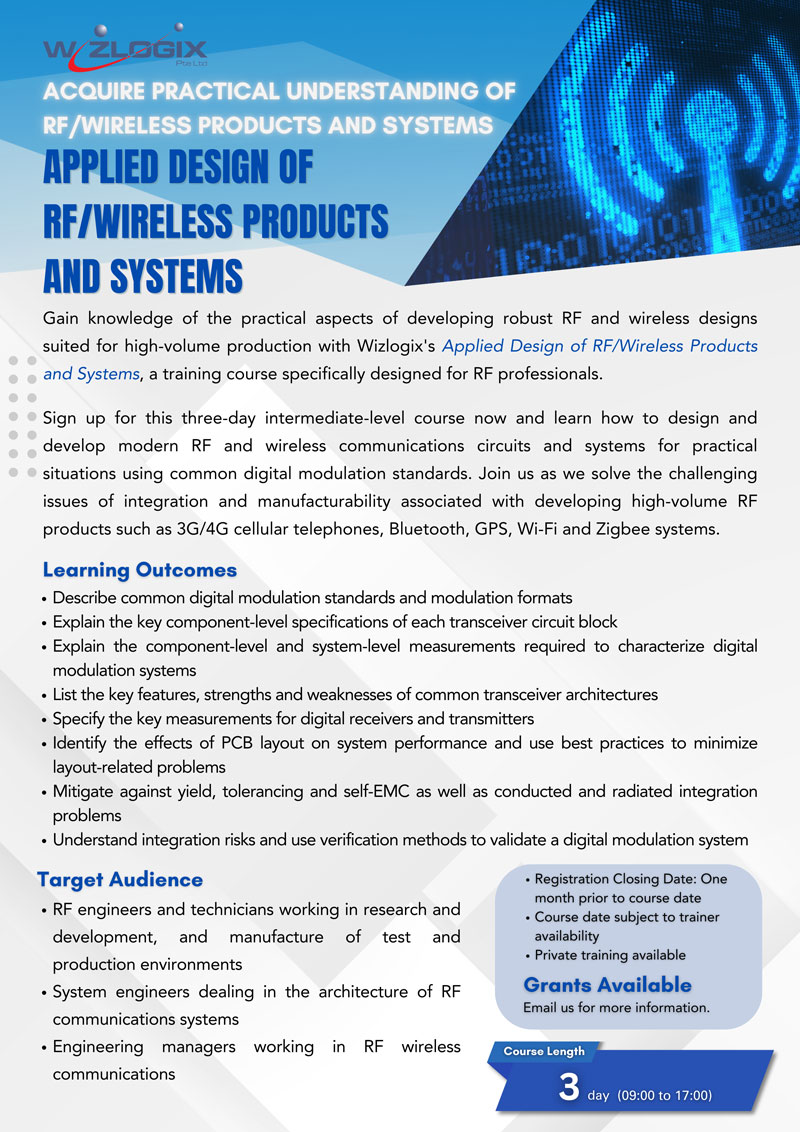 Applied Design of RF/Wireless Products and Systems course by Wizlogix, a 3-day intermediate-level training for RF professionals. The course covers digital modulation standards, RF system integration, transceiver architecture, and design verification, with a focus on practical applications in high-volume RF product development.". Target audience for RF Wireless course includes RF engineers, technicians, system engineers, and engineering managers working in research, development, and RF communications. The 3-day course covers digital modulation fundamentals, RF measurements, system integration, and design verification process.