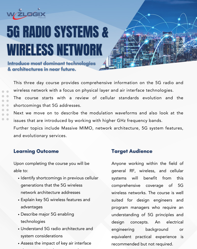 5G Radio Systems and Wireless Network course overview by Wizlogix Pte Ltd, detailing dominant technologies and architectures in 5G wireless networks, suitable for RF, wireless, and cellular system professionals, with learning outcomes and target audience information