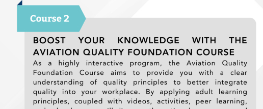 Details of the Aviation Quality Foundation Course as part of Wizlogix's AS9100 training, designed to deepen understanding of aerospace management systems, quality principles, and the main requirements of the AS9100:2016 standard. The course aims to boost knowledge with interactive activities, targeting quality and management professionals.