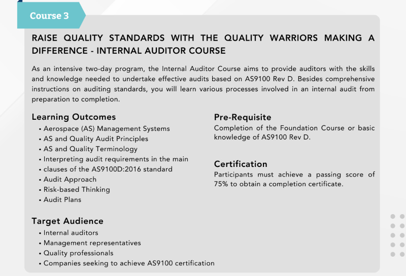 Information on the Internal Auditor Course within Wizlogix's AS9100 series, intended for developing effective audit skills according to AS9100 Rev D standards. The course covers risk-based thinking, audit plans, and is tailored for internal auditors and quality professionals aiming for AS9100 certification.