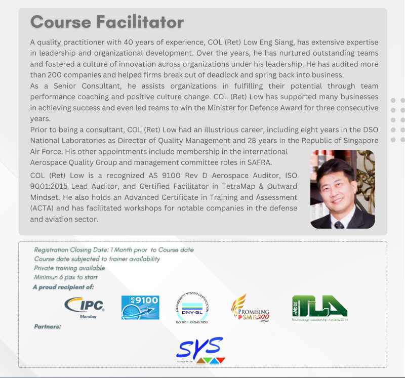 Profile of COL (Ret) Low Eng Siang, course facilitator for Wizlogix's AS9100 courses, with 40 years of experience in quality management and aerospace auditing. Highlights his career achievements and contributions to organizational development and quality assurance in the aerospace sector