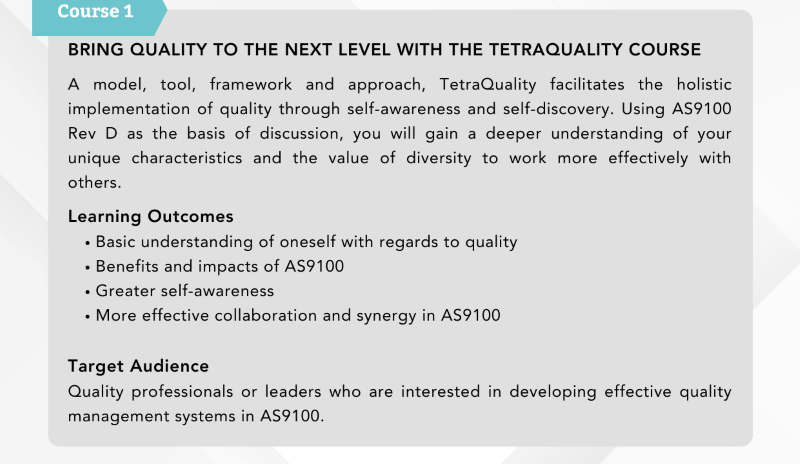 Overview of the TetraQuality course offered by Wizlogix under the AS9100 series, focusing on holistic quality improvement through self-awareness and self-discovery, using AS9100 Rev D as a framework. The course is aimed at quality professionals looking to enhance their effectiveness and collaboration