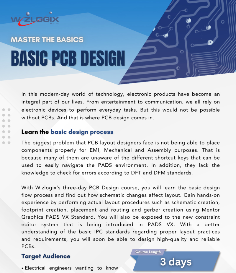 Basic PCB Design course overview by Wizlogix, focusing on the essential design process for PCB layout designers, including schematic creation, footprint placement, routing, and gerber generation using PADS VX. The course emphasizes DFT and DFM standards to help designers navigate layout errors and create high-quality PCB designs."