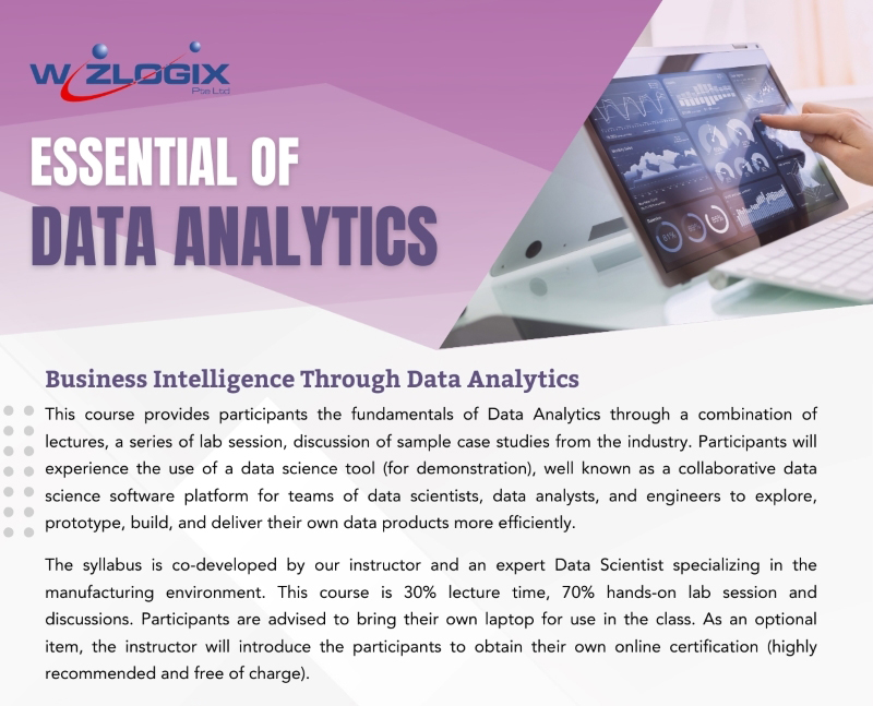 Essential of Data Analytics course by Wizlogix, focusing on business intelligence and data analytics. The course combines lectures, lab sessions, and industry case studies to teach data analytics fundamentals, machine learning concepts, and collaborative data science tools for data scientists, analysts, and engineers