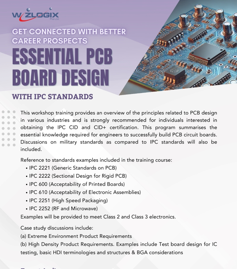 Overview of the Essential PCB Board Design course with IPC Standards, covering IPC CID and CID+ certification, military standards, and key PCB design principles for building reliable PCB circuit boards. Topics include IPC standards such as IPC 2221, IPC 2222, IPC 600, and more, with case studies on extreme and high-density product requirements