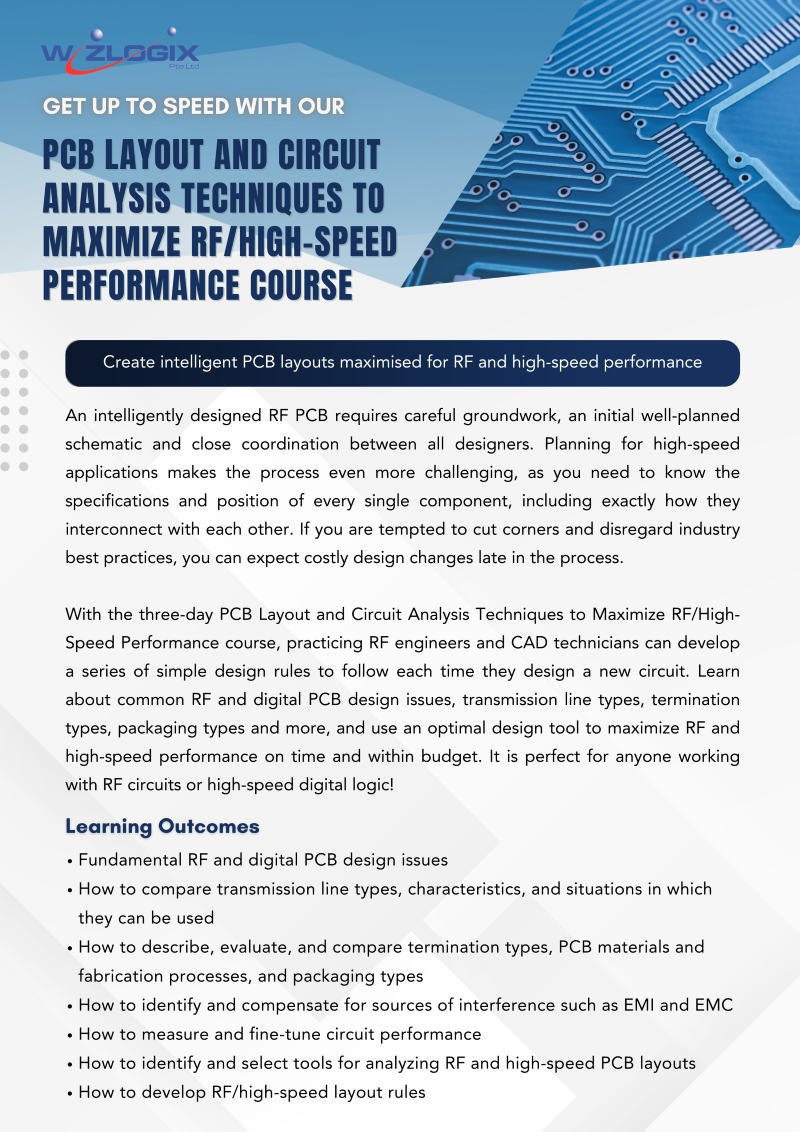 Promotional material for Wizlogix's PCB Layout and Circuit Analysis Techniques to Maximize RF/High-Speed Performance Course, highlighting strategies to create optimized RF and high-speed PCB layouts. Key learning outcomes include fundamental RF and digital PCB design issues, transmission line types, and methods to identify and mitigate interference such as EMI and EMC