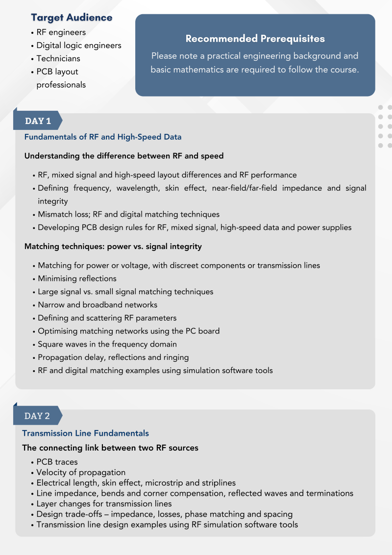 Detailed curriculum for a three-day PCB layout and circuit analysis course, covering topics like RF and high-speed data fundamentals, signal integrity techniques, and PCB design rules for RF and mixed-signal applications. The document targets RF engineers and digital logic engineers, emphasizing practical engineering background as a prerequisite.