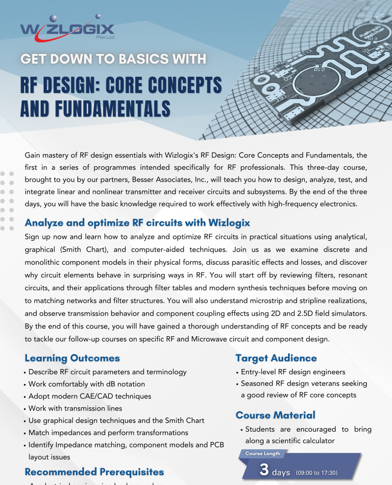 Promotional material for Wizlogix's RF Design: Core Concepts and Fundamentals course, offering a comprehensive three-day program to master RF design essentials, taught by partners at Besser Associates. The flyer outlines the course's approach to designing, analyzing, testing, and integrating RF circuits, aimed at RF professionals.