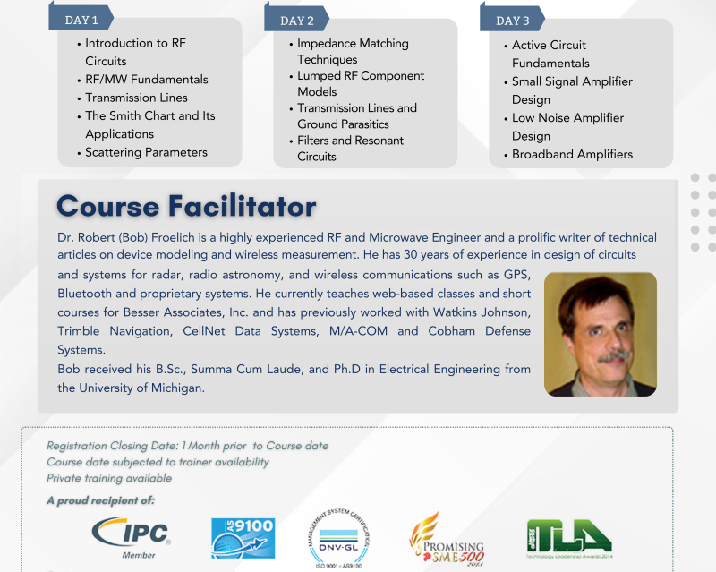 Profile of Dr. Robert (Bob) Froelich, course facilitator for Wizlogix's RF Design course, detailing his extensive experience in RF and Microwave Engineering, and his educational background with a Ph.D. from the University of Michigan. Dr. Froelich's profile highlights his contributions to the fields of radar, radio astronomy, and wireless communications.