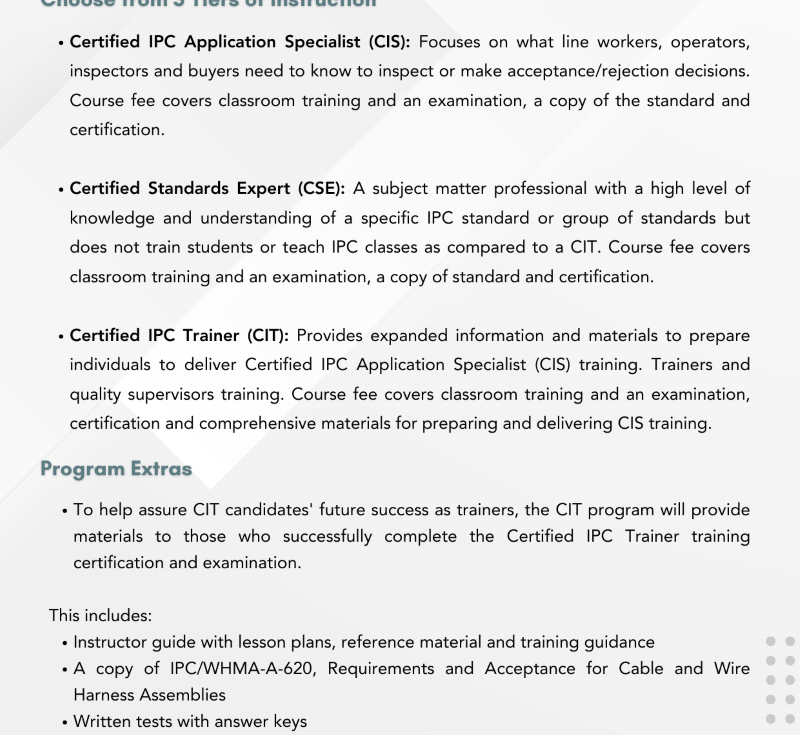 Description of three tiers of instruction available in the IPC certification program, including Certified IPC Application Specialist, Certified Standards Expert, and Certified IPC Trainer, with additional program extras.