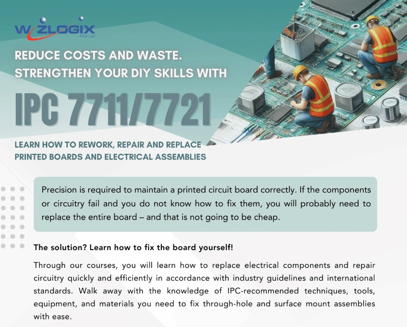 Advertisement for IPC 7711/7721 courses aimed at DIY enthusiasts on how to rework, repair, and replace printed boards and electrical assemblies, emphasizing cost reduction and waste minimization