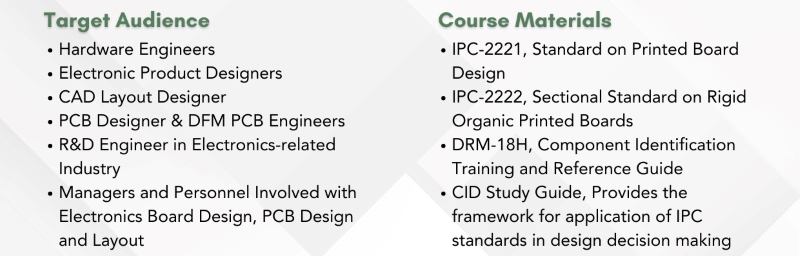 List identifying the target audience and course materials for the IPC CID program, highlighting its applicability to hardware engineers, CAD layout designers, and includes standards like IPC-2221 and IPC-2222.