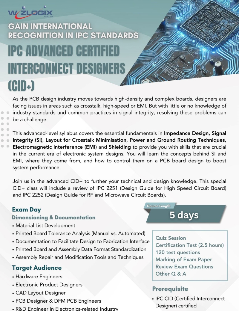 Wizlogix IPC Advanced Certified Interconnect Designers training flyer showcasing topics such as impedance design, signal integrity, crosstalk minimization, EMI shielding, and PCB design enhancement techniques. Detailed course structure for electronic system designs is visible, targeting hardware engineers, CAD layout designers, and PCB professionals.