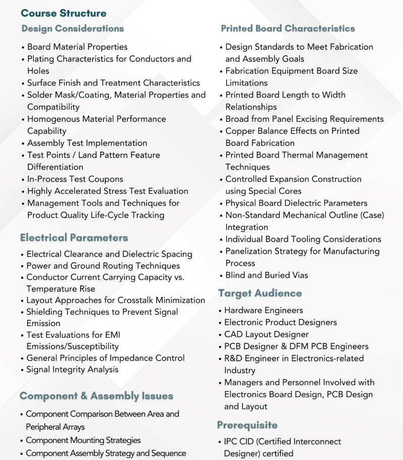 Detailed curriculum guide for advanced PCB design certification covering design considerations, electrical parameters, component and assembly issues, and printed board characteristics. Focus areas include dielectric spacing, test implementations, signal integrity analysis, and thermal management for PCBs, aiming at hardware engineers and electronic product designers.