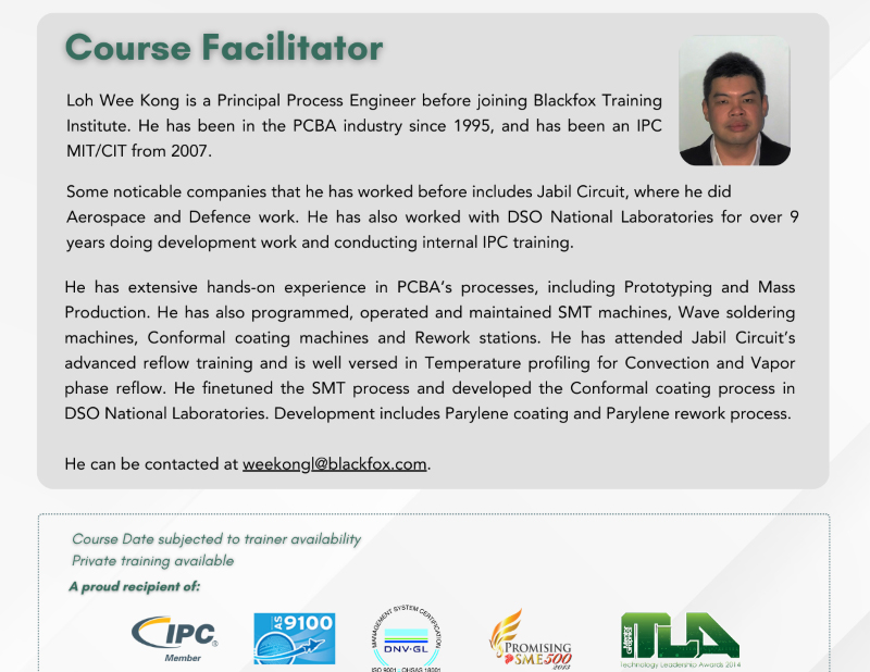 Wayne Leong Fook Seng, certified IPC Master Trainer with over 38 years of experience in PCBA manufacturing, IPC implementation, and ISO quality management."