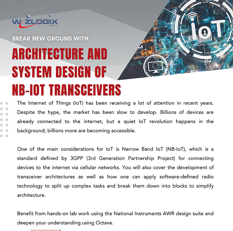 Wizlogix flyer for a course on Architecture and System Design of NB-IoT Transceivers, detailing the focus on Narrow Band IoT technology, defined by 3GPP, and its application in connecting devices via cellular networks. The flyer features an IoT-themed background and outlines the course benefits including software-defined radio technology."  Second Image SEO Alt Text: "Target audience and preliminary course outline for Wizlogix's NB-IoT Transceiver design course, tailored for RFIC and analog circuit design engineers, technical managers, and marketing professionals interested in IoT transceiver design and system architecture.