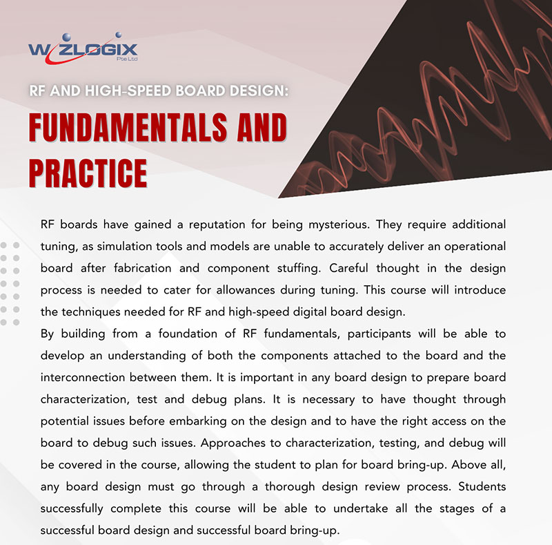 Advertisement for the Wizlogix RF and High-Speed Board Design course titled 'Fundamentals and Practice', detailing the critical aspects of RF board design and the skills gained through training, accompanied by a stylized image of RF waves.