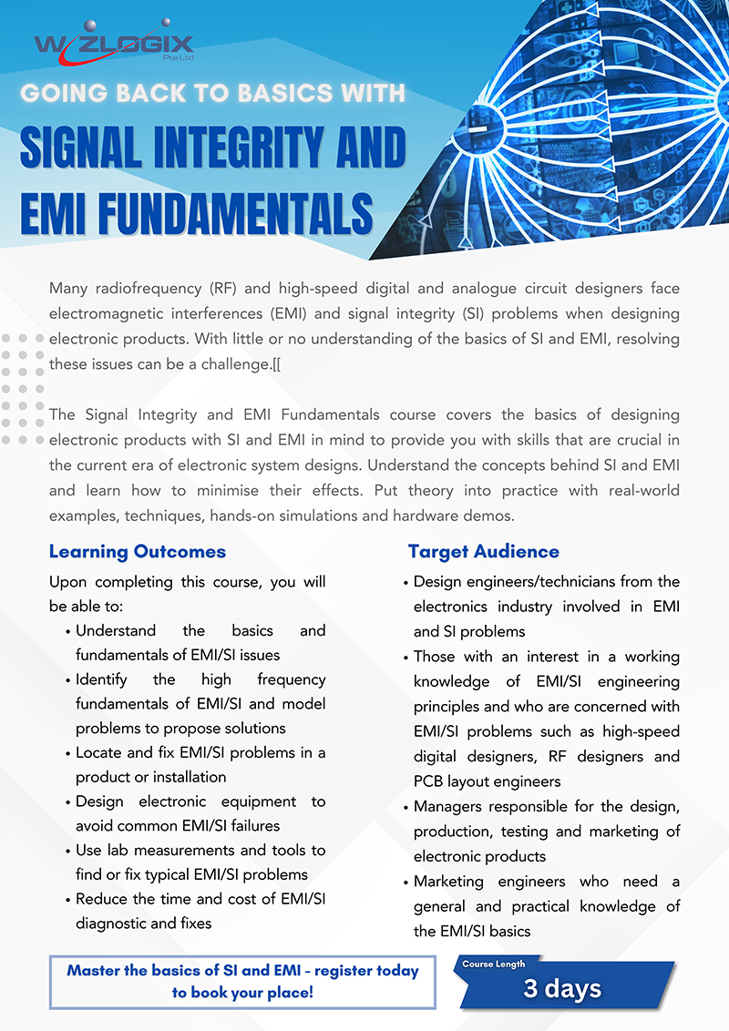 Wizlogix's promotional flyer for the 'Signal Integrity and EMI Fundamentals' course, designed for RF and high-speed digital and analog circuit designers facing challenges with EMI and signal integrity. This course provides a foundational understanding of SI and EMI effects in electronic systems, featuring hands-on simulations and hardware demos