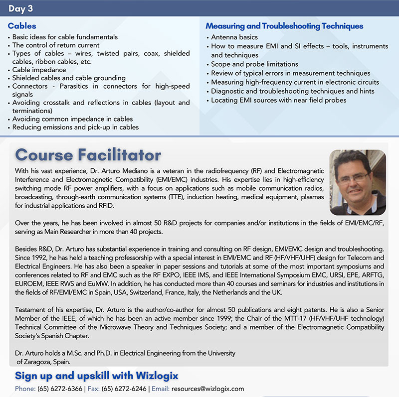 Profile of Dr. Arturo Mediano, course facilitator for the 'Signal Integrity and EMI Fundamentals' at Wizlogix. With extensive experience in RF and electromagnetic compatibility, Dr. Mediano brings a wealth of knowledge from his academic background and numerous publications in the field of RF/EMI/EMC.